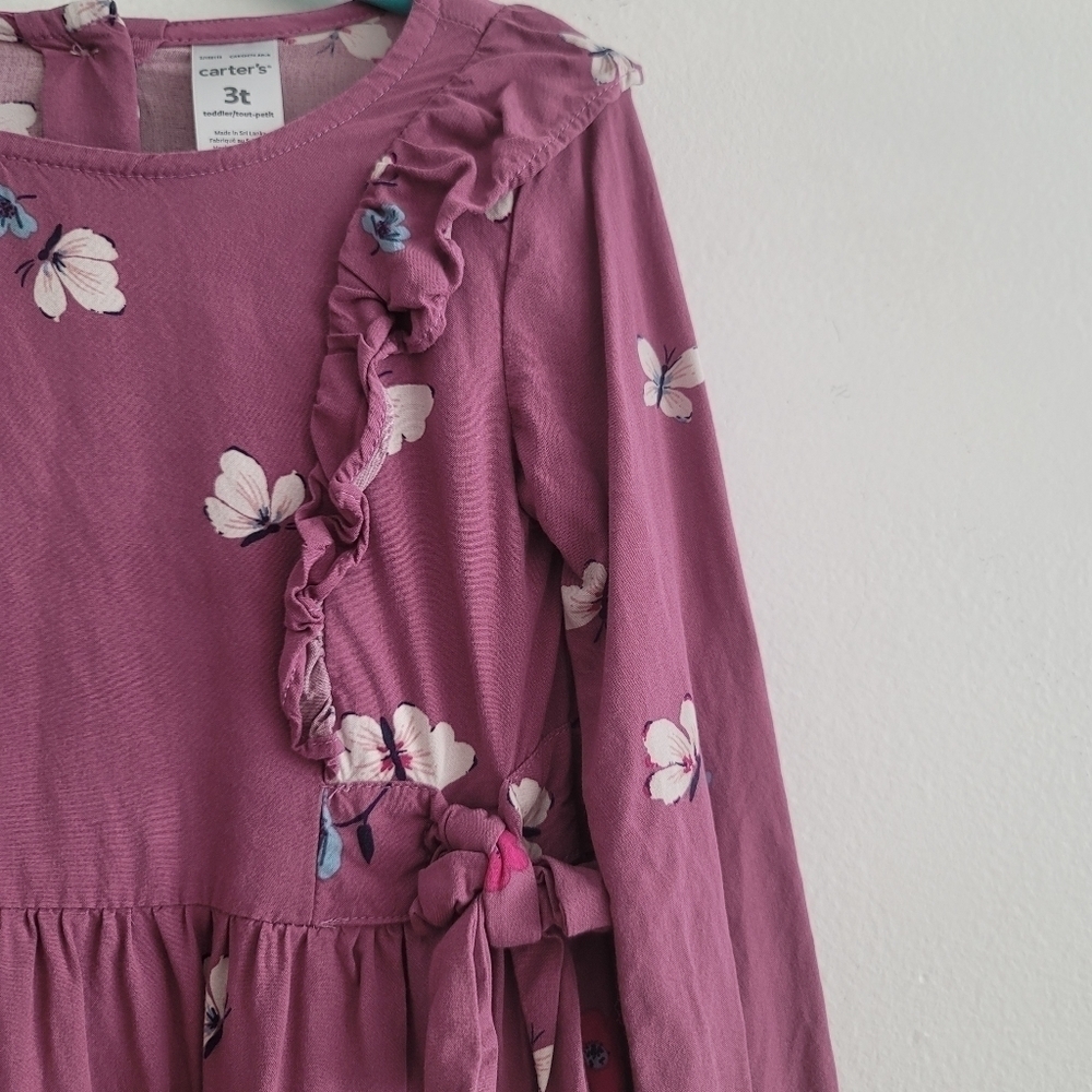 Carter's 3T Purple Ruffle Butterfly Floral Long Sleeve Dress - Picture 4 of 6